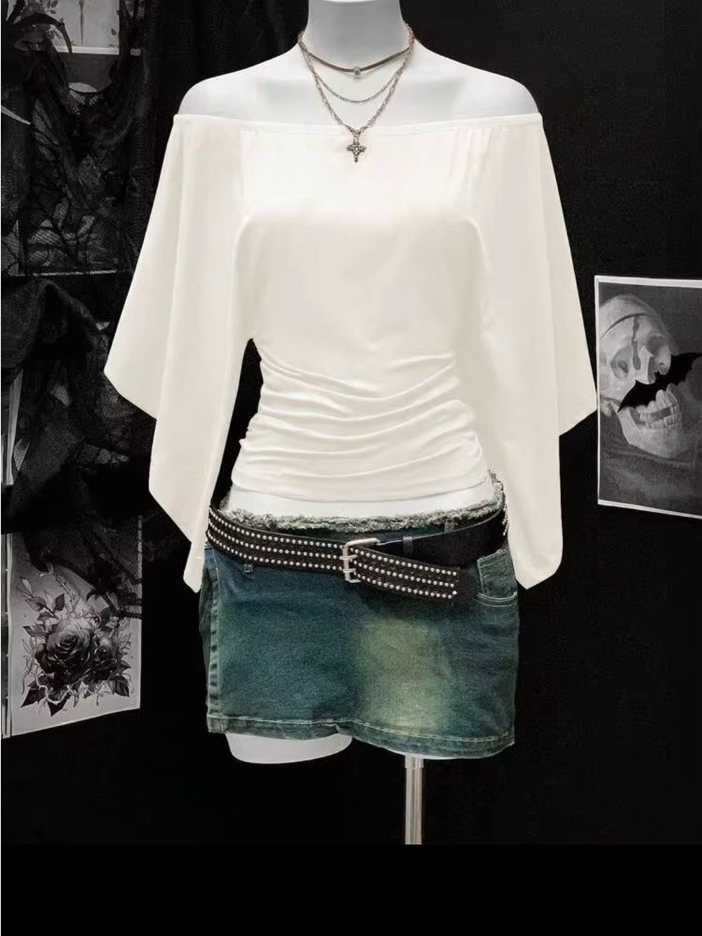 SHEIN White Off-Shoulder Batwing  Ruched Top L